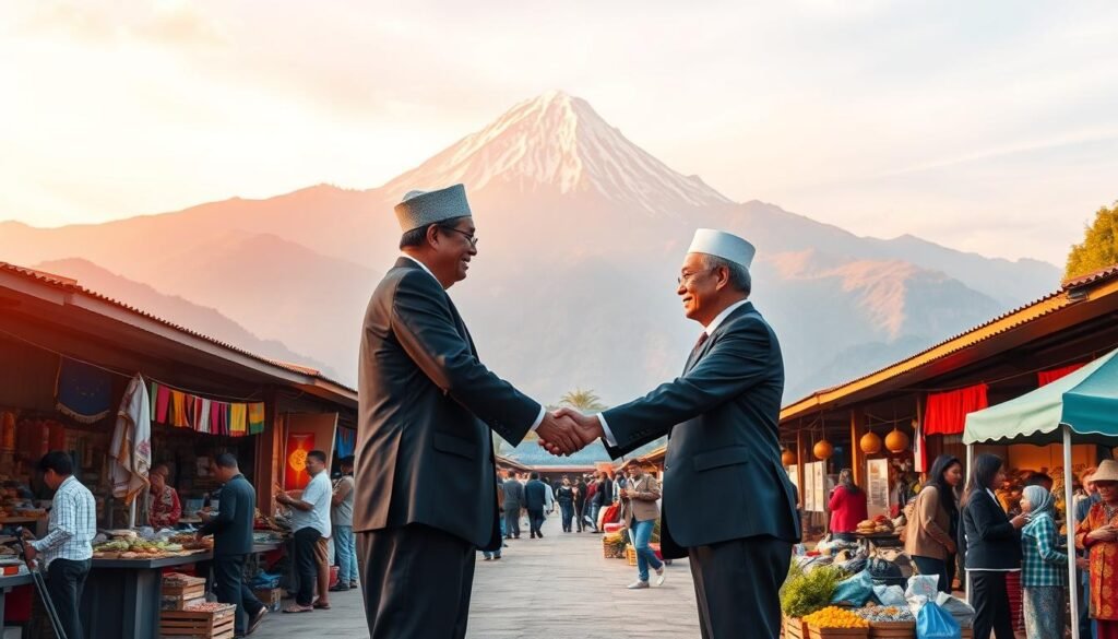 A vibrant and dynamic scene showcasing the collaboration between two provinces. In the foreground, two government officials shake hands, symbolizing unity and partnership. The middle ground features a bustling marketplace, with vendors from different regions showcasing their unique goods and products. In the background, a towering mountain range provides a majestic backdrop, representing the diverse landscapes that unite these provinces. The lighting is warm and inviting, casting a golden glow over the entire scene. The composition is balanced, with a strong emphasis on the collaborative spirit and the shared cultural and economic ties between the two provinces.