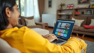 Orang belajar kursus daring menyenangkan dengan laptop di ruang santai