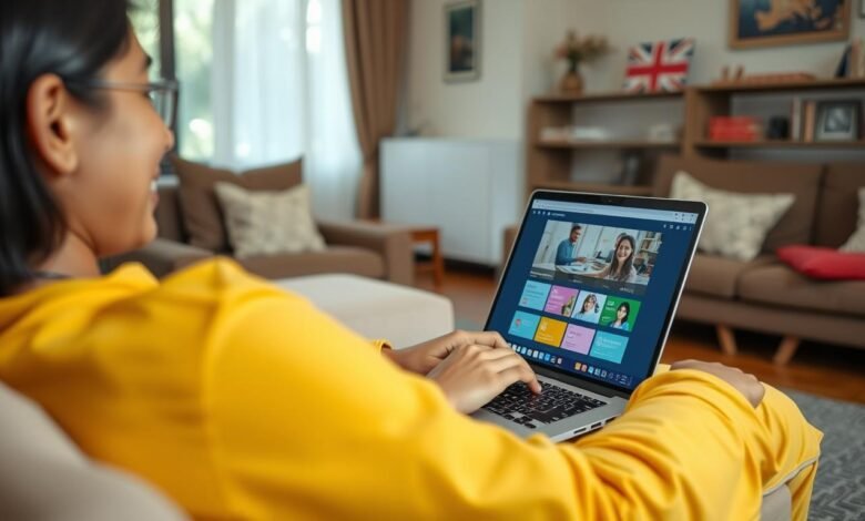 Orang belajar kursus daring menyenangkan dengan laptop di ruang santai
